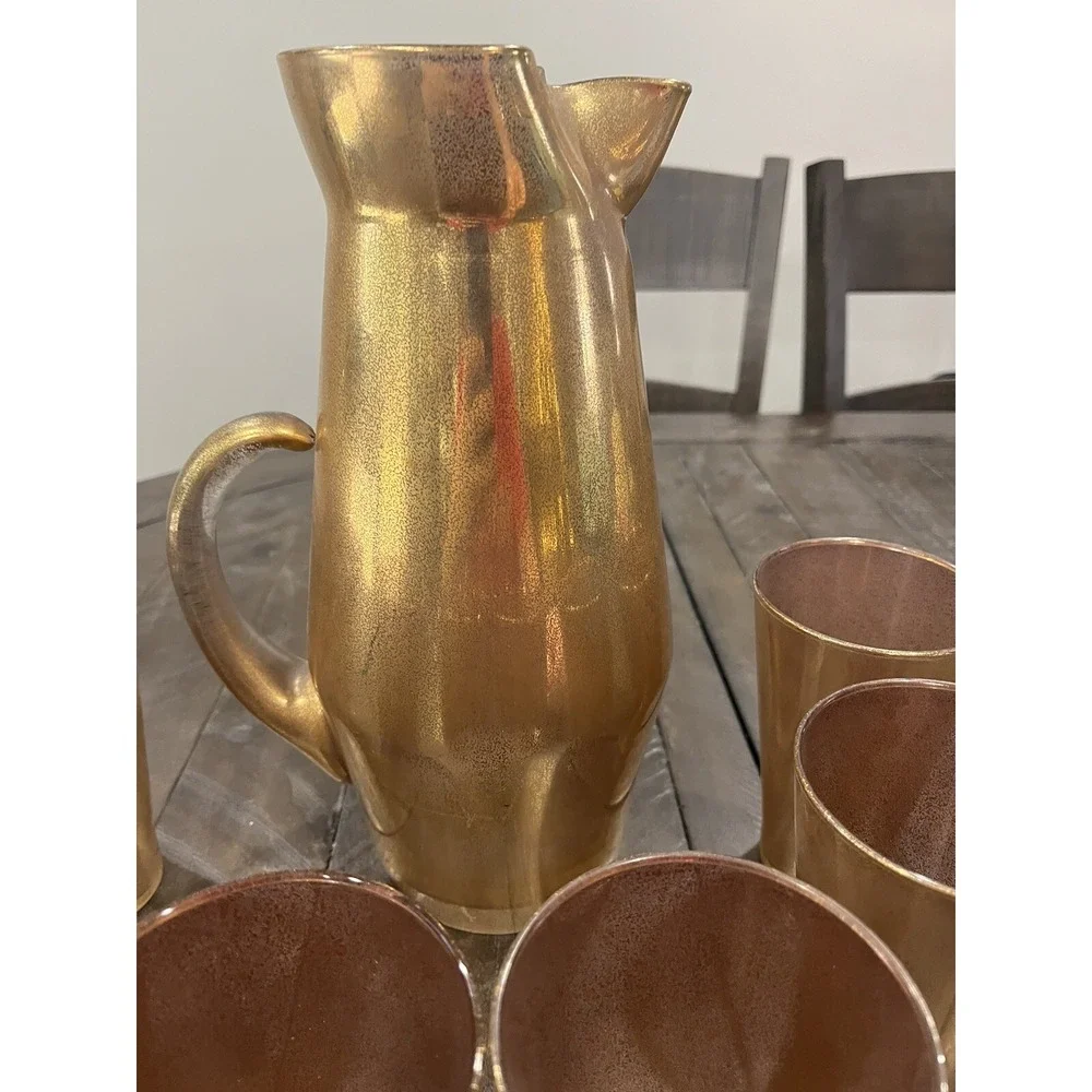 Vintage Gold Flecked/Splatter Pitcher w/‎ 6 Glasses West Virginia Glass Co MCM